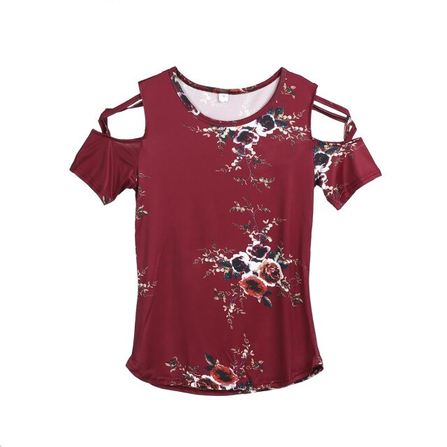 Summer Women Ladies Off Shoulders Short Sleeves T Shirt Floral Printed Casual Tops Clothes T-Shirt