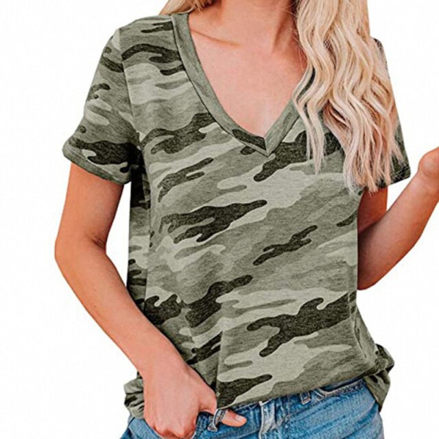 Lady Short-Sleeved Leopard Print T-shirt Women Summer New Thin V Neck Tops Camouflage Tshirt Street Style Clothes S-2XL