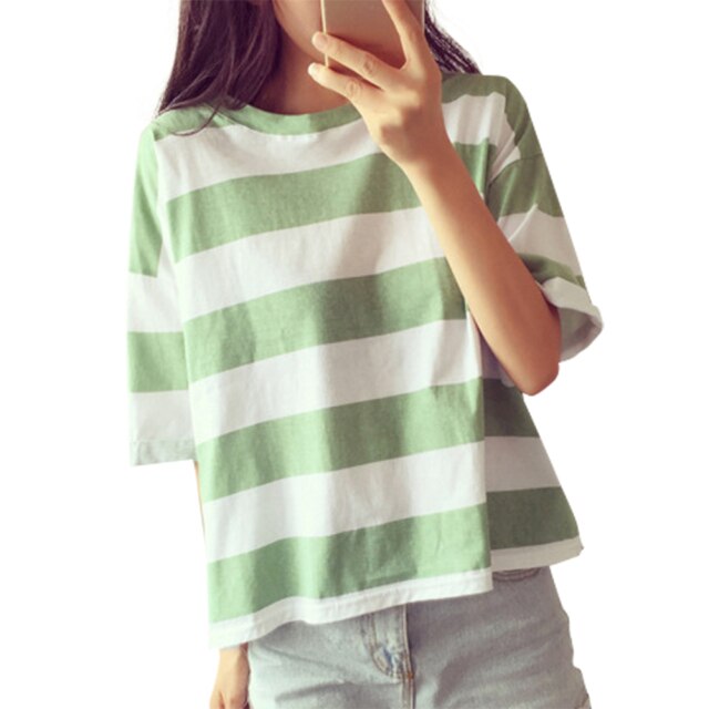 Women Lady Striped Short Sleeve Round Collar T-shirt Top Tee Clothes for Summer -OPK