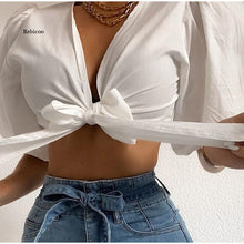 Load image into Gallery viewer, 2021 Summer Women&#39;s Fashion Blowing Bubble Sleeve Sexy Deep V-Neck Solid Color Bow Front Female Tops Beach Party Ladies Clothes
