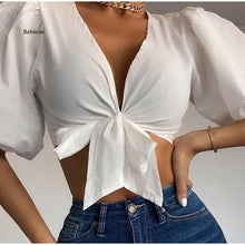 Load image into Gallery viewer, 2021 Summer Women&#39;s Fashion Blowing Bubble Sleeve Sexy Deep V-Neck Solid Color Bow Front Female Tops Beach Party Ladies Clothes
