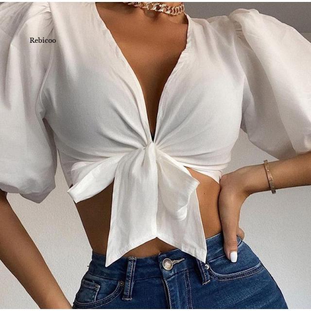 2021 Summer Women's Fashion Blowing Bubble Sleeve Sexy Deep V-Neck Solid Color Bow Front Female Tops Beach Party Ladies Clothes