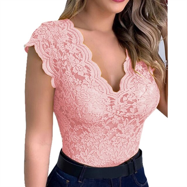 NEW XS-3XL Lace Blouses Shirts Sexy Club Female Acrylic Shirts Deep V Summer Tops Bodysuit Sexy Woman Tops Stylish Clothes