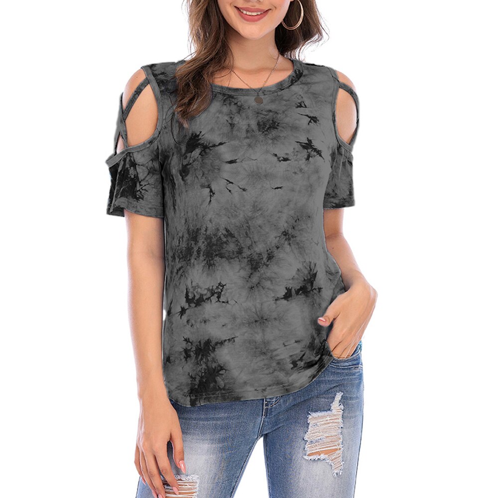 Woman Tshirt O Neck Short Sleeve Hollow Out Tshirt Off Shoulder Tie Dye Tee Top Women Summer Clothes