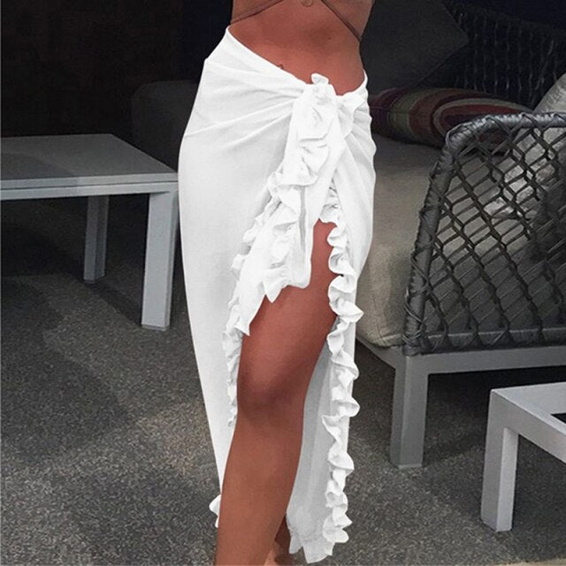 Ruffle Beach Summer Long Skirt Women 2021 Side Split White Red Black Pink Yellow Elastic Waist High Waist Skirts Clothes